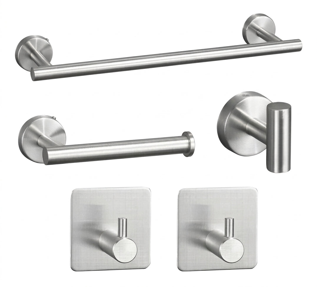 Set 5 accesorios baño acero inoxidable plata cepillado vista frontal completo