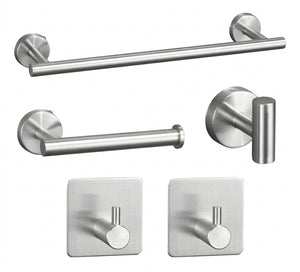 Set 5 accesorios baño acero inoxidable plata cepillado vista frontal completo