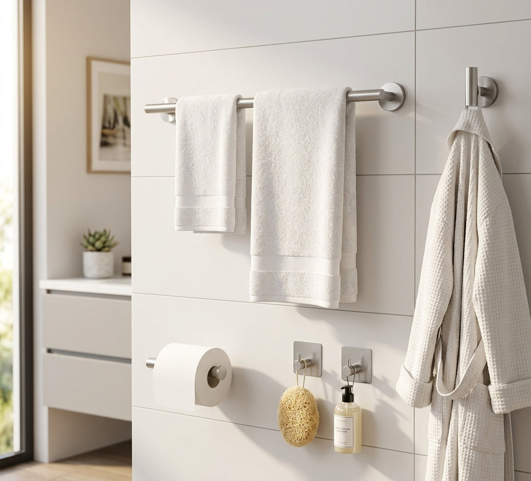 Accesorios baño acero inoxidable instalados pared blanca baño moderno hogar chileno