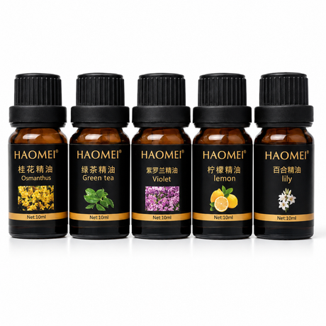 Set 5 aceites esenciales Haomei difusor humidificador 10ml vista frontal fondo blanco