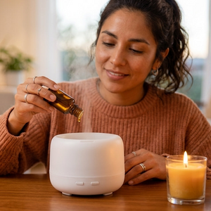 Mujer chilena usando aceite esencial en humidificador living moderno aromaterapia