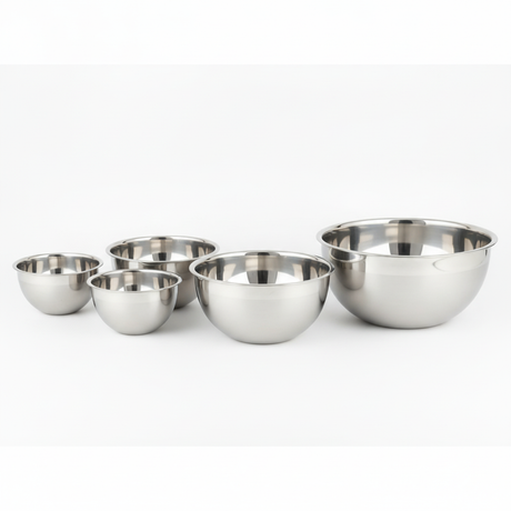 Set 5 bowls acero inoxidable reposteria vista frontal fondo blanco