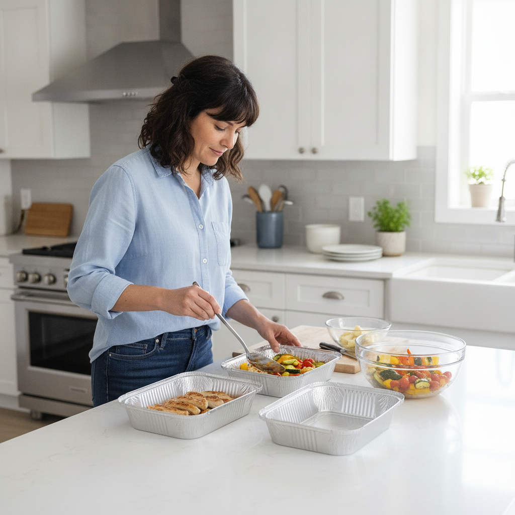 Mujer chilena cocina usando contenedores aluminio para conservar alimentos
