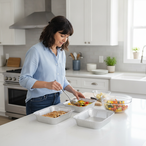 Mujer chilena cocina usando contenedores aluminio para conservar alimentos