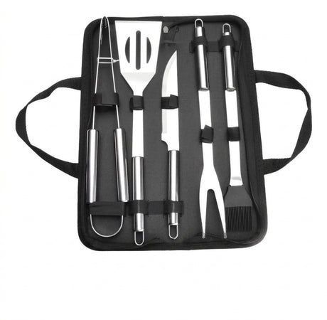 Set parrillero 5 utensilios acero inoxidable con estuche negro vista frontal