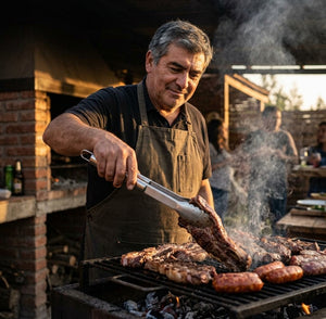 Set utensilios barbacoa acero inox sobre mesón parrilla exterior jardín