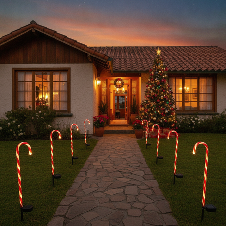 Bastones caramelo navideño solar iluminando camino entrada casa chilena al atardecer
