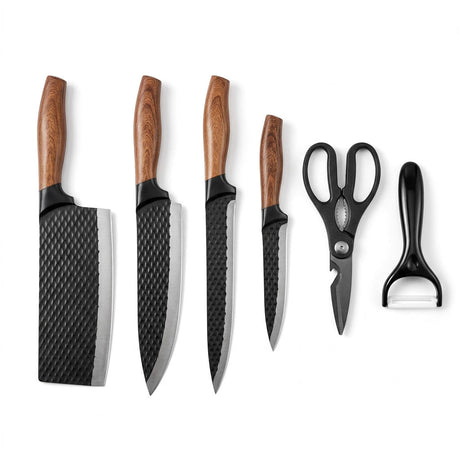 Set 6 cuchillos cocina antiadherente tijera pelador vista cenital fondo blanco
