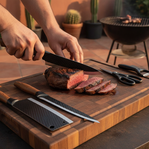 Cuchillo rebanador antiadherente cortando carne asado terraza chilena
