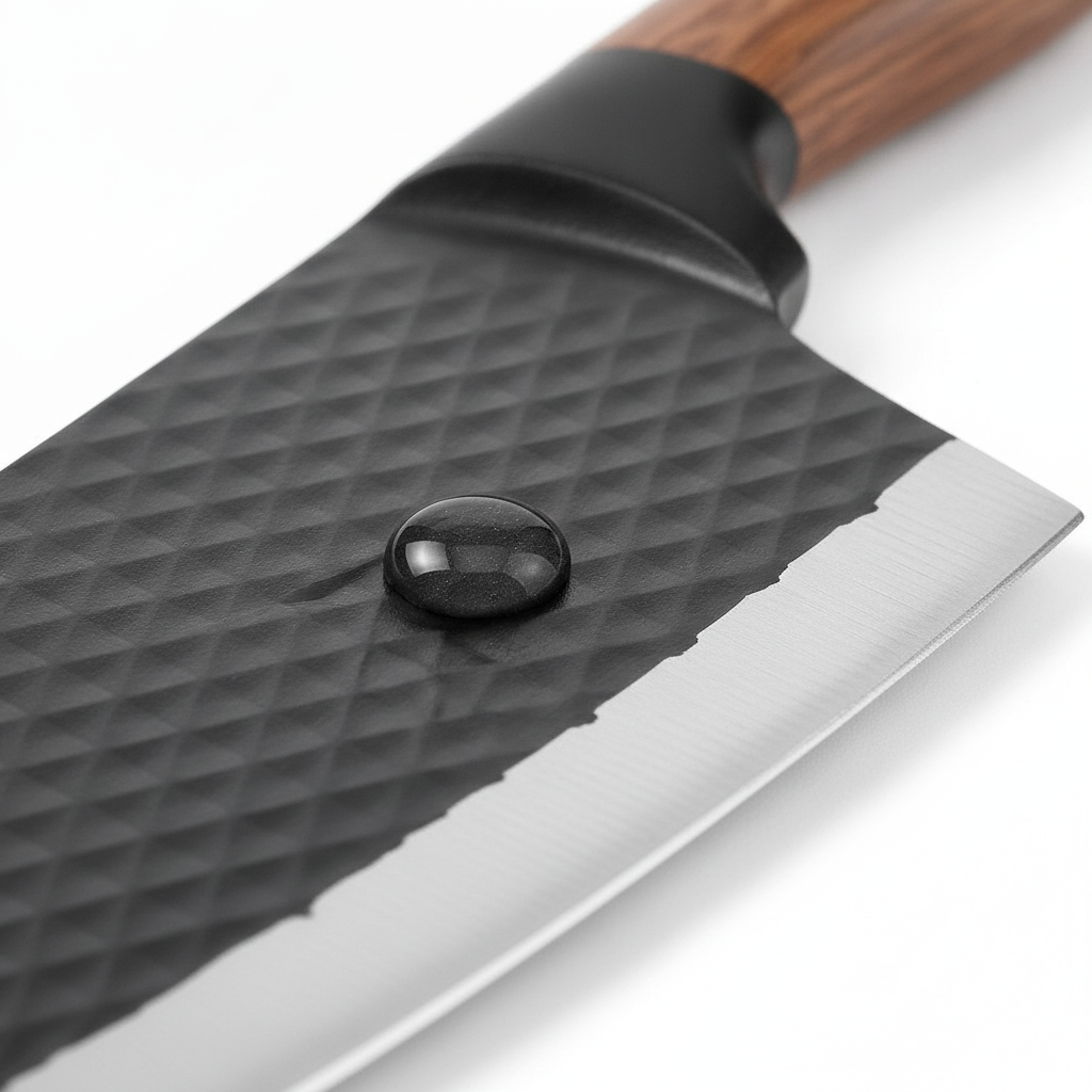 Detalle textura diamante hoja antiadherente negra cuchillo cocina