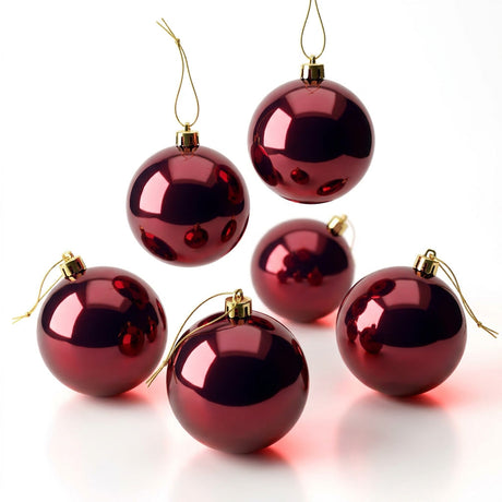 Set 6 esferas navideñas color vino brillante con capuchón dorado vista frontal