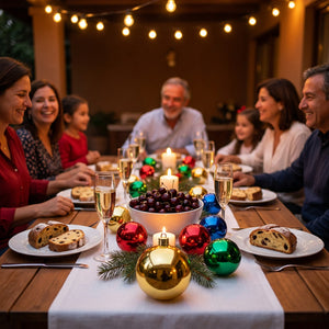 Mujer chilena decorando árbol navidad con esferas vino dorado