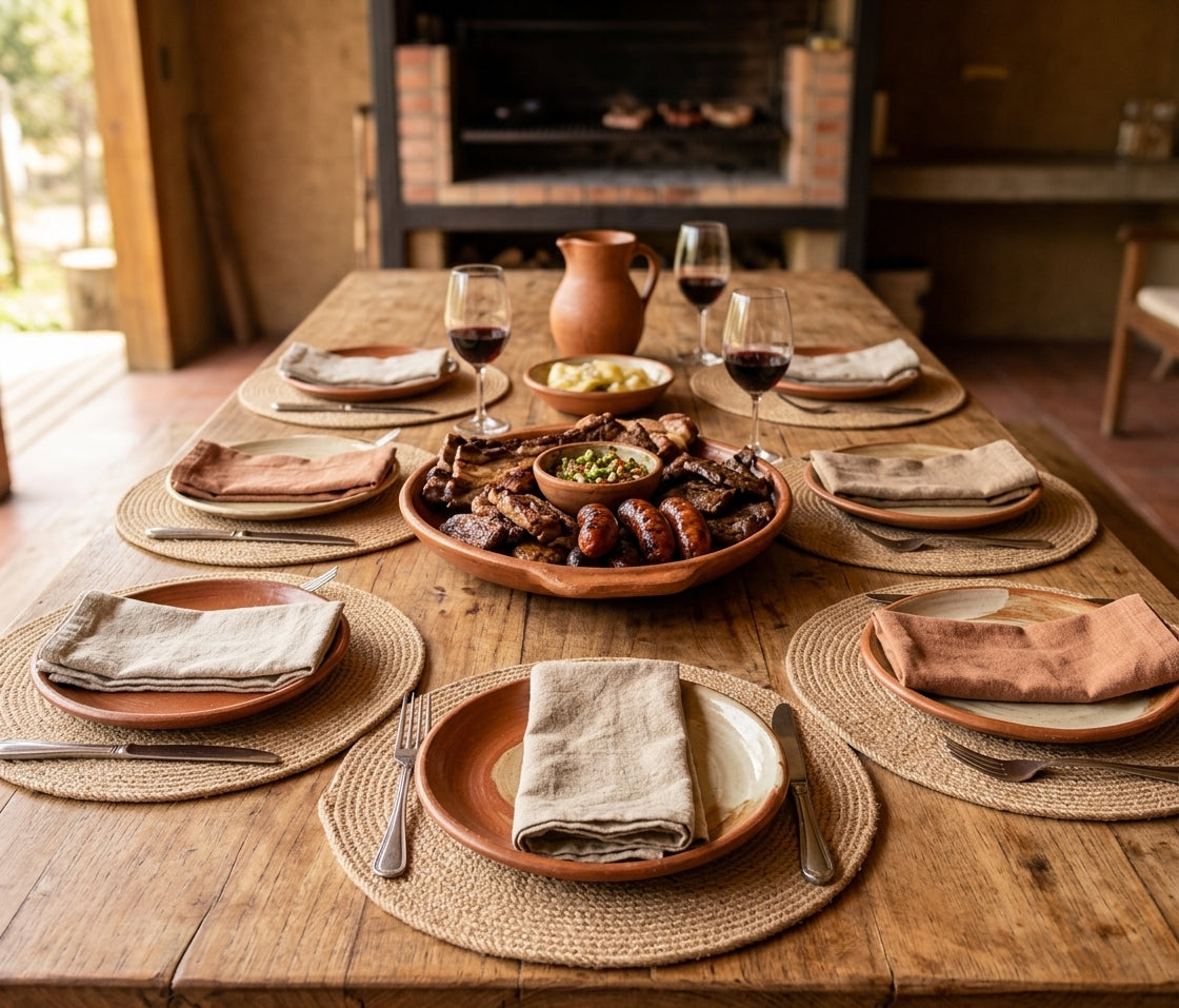 Individuales rattan yute sobre mesa asado quincho chileno estilo rústico