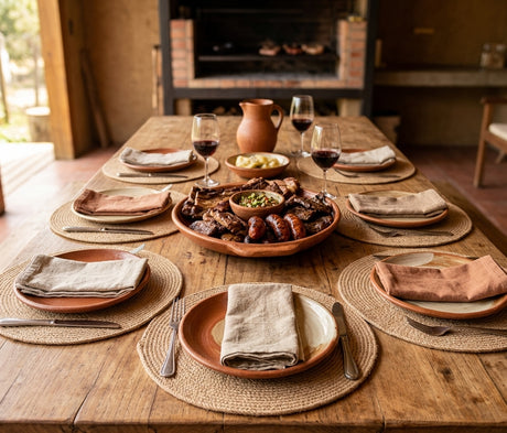 Individuales rattan yute sobre mesa asado quincho chileno estilo rústico