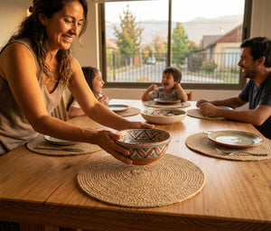 Individual yute redondo cocina chilena moderna plato cerámica mesa madera