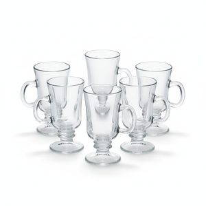 Set 6 tazas capuchino vidrio 240mL con pie y asa vista frontal