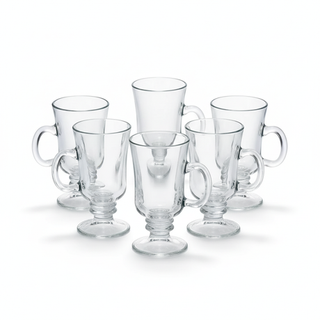 Set 6 tazas capuchino vidrio 240mL con pie y asa vista frontal