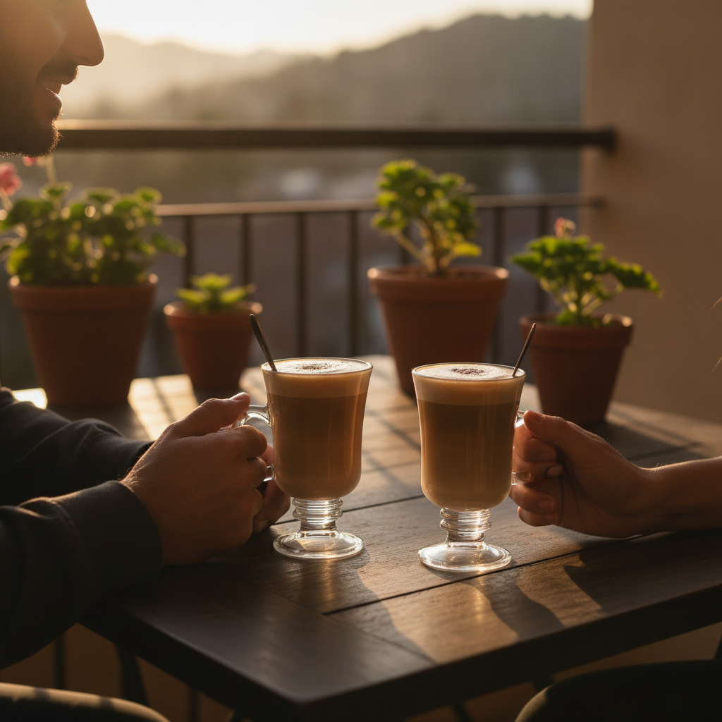 Tazas cafe vidrio con pie terraza chilena tarde luz dorada