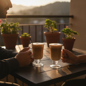 Tazas cafe vidrio con pie terraza chilena tarde luz dorada