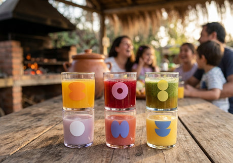 Vasos colores Cristar mesa asado quincho chileno jugo natural luz natural