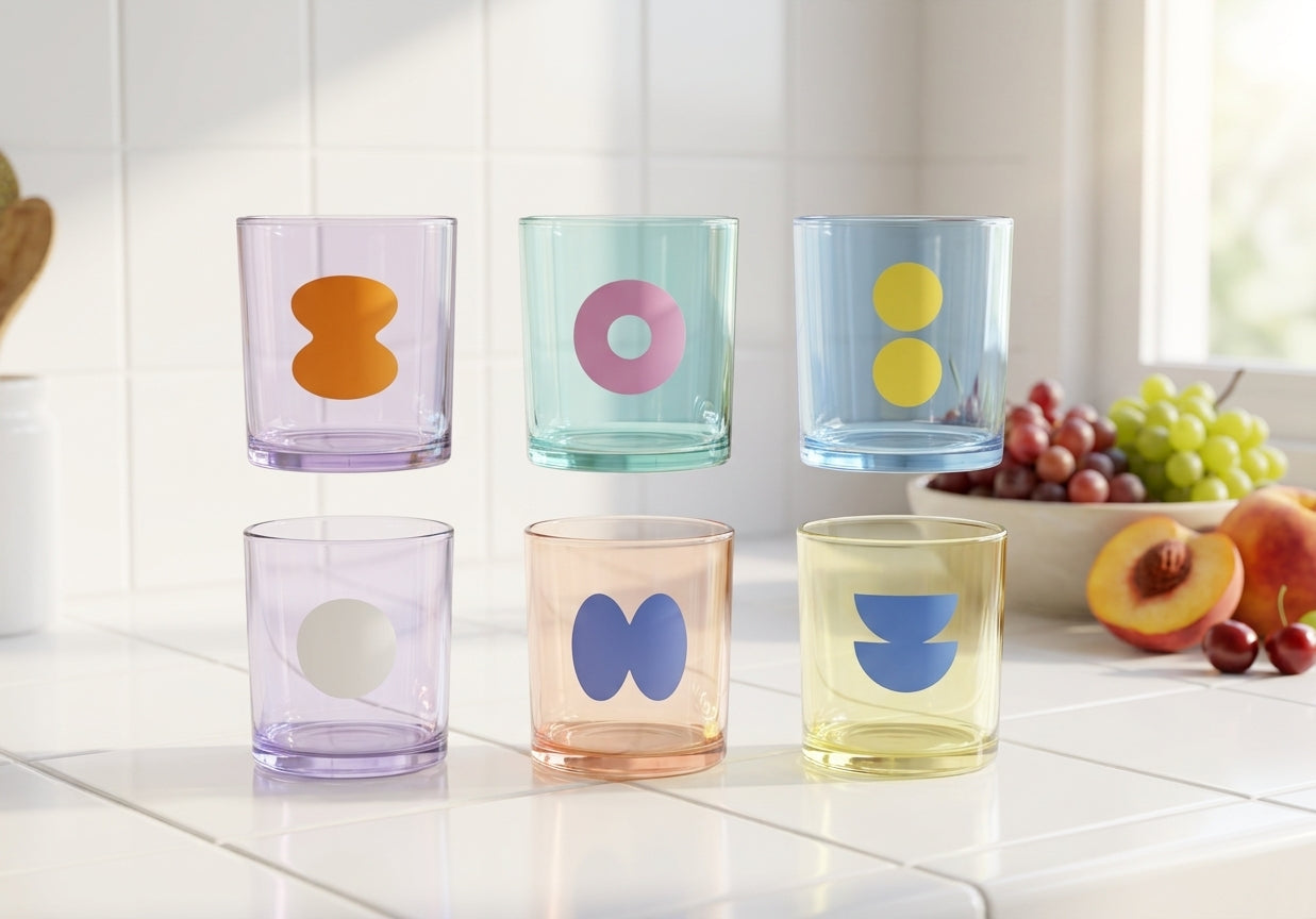 Set vasos pastel Cristar cocina chilena moderna frutas frescas luz de día