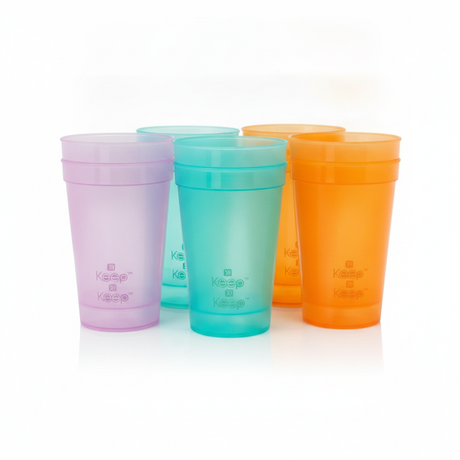 Set 6 vasos plasticos Keep 500ml colores lila turquesa naranja vista frontal fondo blanco