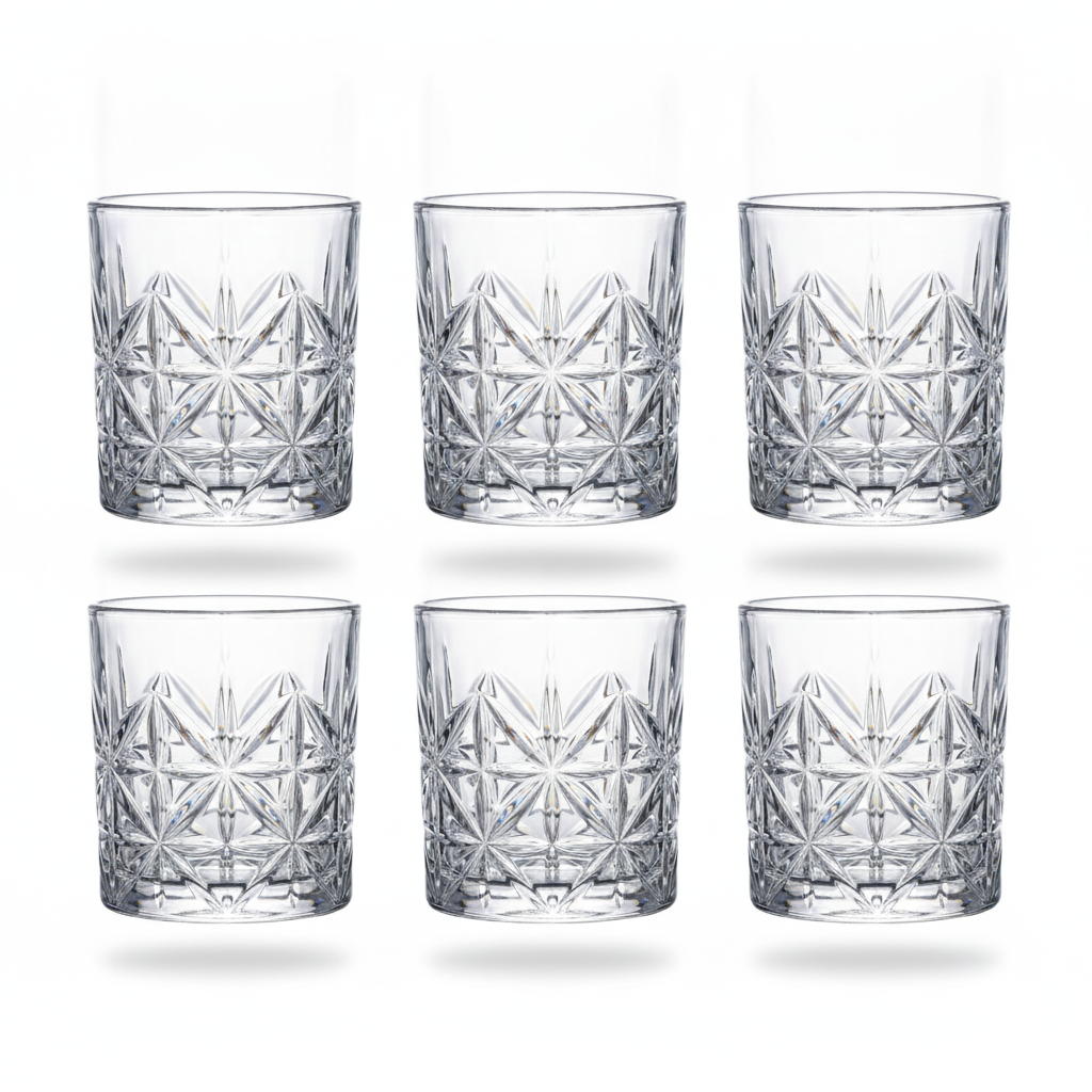 Set 6 vasos tallados whisky cristal 200mL vista frontal fondo blanco
