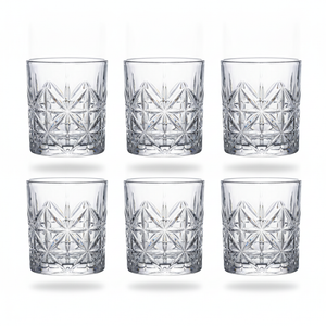 Set 6 vasos tallados whisky cristal 200mL vista frontal fondo blanco