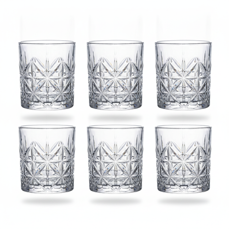 Set 6 vasos tallados whisky cristal 200mL vista frontal fondo blanco
