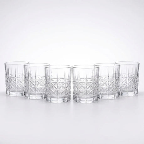 Set 6 vasos tallados whisky vidrio transparente relieve geometrico vista frontal