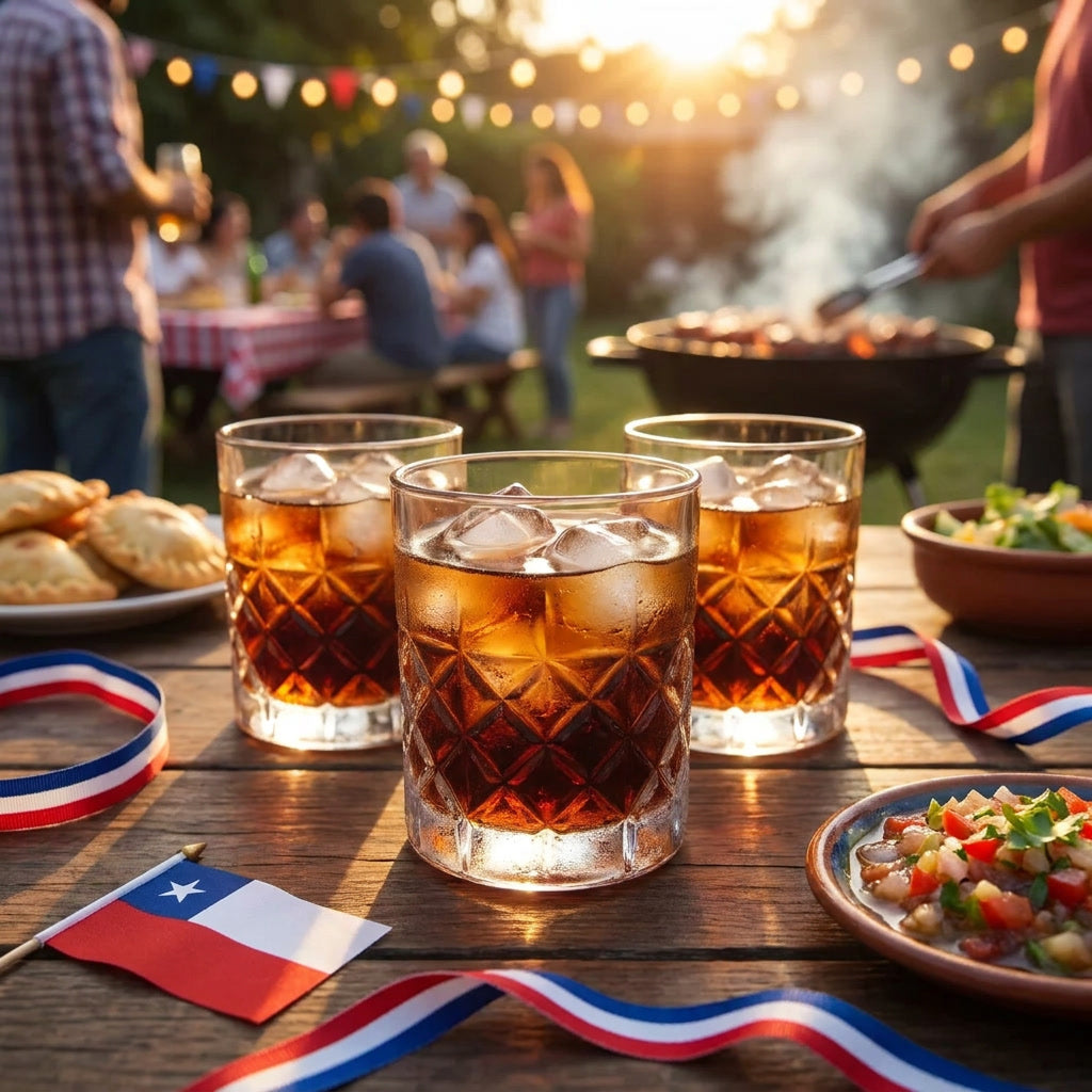Vasos tallados whisky con hielo en quincho asado chileno exterior