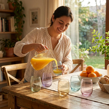 Vasos de vidrio color Cristar Toy en mesa asado chileno con jugos naturales