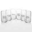 Set 6 vasos vidrio lata frases Cristar 473mL vista frontal fondo blanco