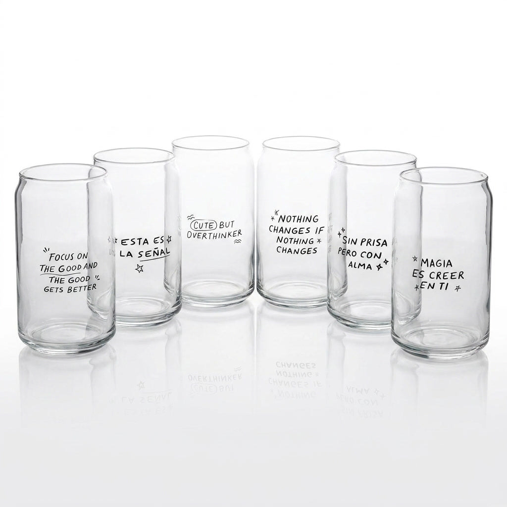 Set 6 vasos vidrio lata frases Cristar 473mL vista frontal fondo blanco