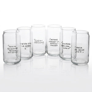 Set 6 vasos vidrio lata frases Cristar 473mL vista frontal fondo blanco