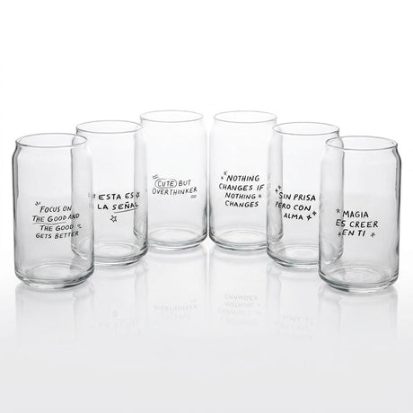 Set 6 vasos vidrio lata frases Cristar 473mL vista frontal fondo blanco