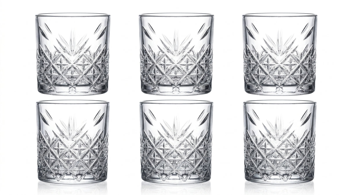 Set 6 vasos bajos whisky cristal tallado Hausmann 340mL vista frontal fondo blanco