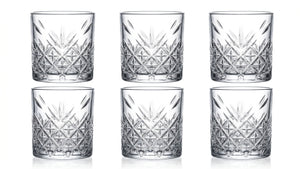 Set 6 vasos bajos whisky cristal tallado Hausmann 340mL vista frontal fondo blanco