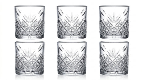 Set 6 vasos bajos whisky cristal tallado Hausmann 340mL vista frontal fondo blanco