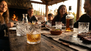 Vasos whisky Hausmann en mesa asado quincho chileno ambiente familiar cálido