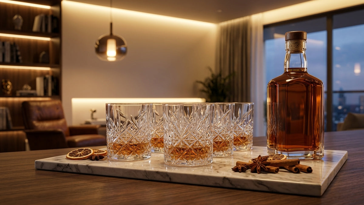 Copa vasos cristal tallado bar hogar chileno moderno con bandeja mármol