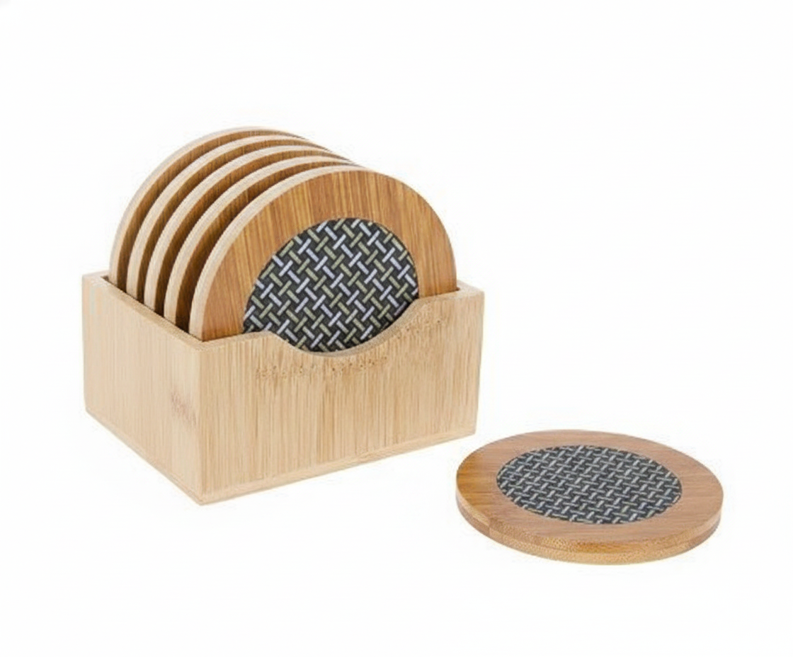 Set 7 posavasos madera bambú rejilla con soporte organizador vista frontal