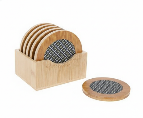 Set 7 posavasos madera bambú rejilla con soporte organizador vista frontal