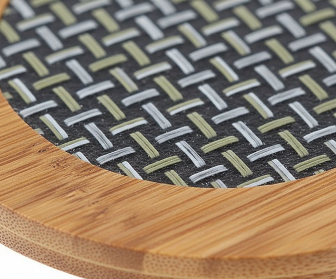 Set posavasos madera natural en living room chileno con vasos agua