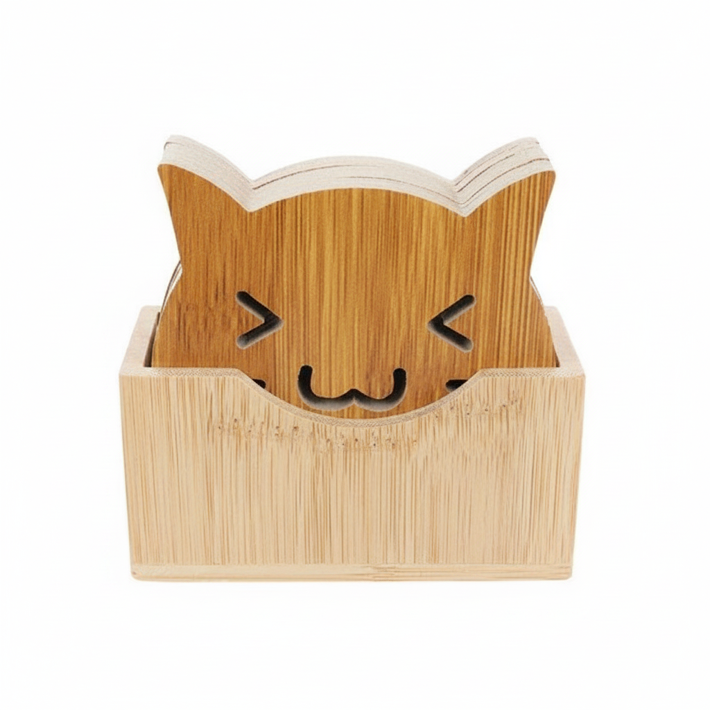 Set 7 posavasos madera diseño gato michi miau vista frontal fondo blanco