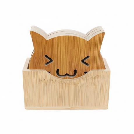 Set 7 posavasos madera diseño gato michi miau vista frontal fondo blanco