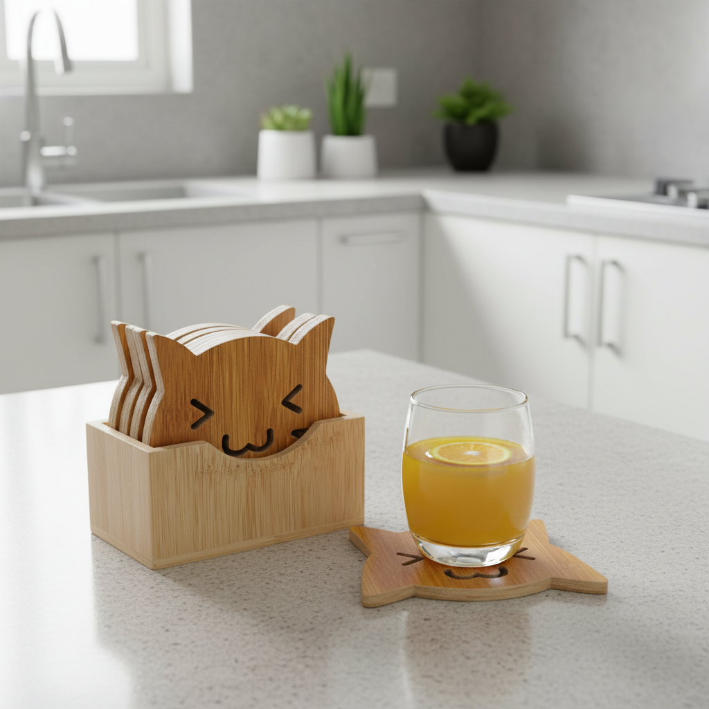 Posavasos diseño michi en cocina moderna con vaso de jugo encima