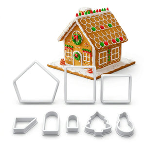 Set 8 cortadores galletas navidad casa jengibre plástico blanco vista frontal completo