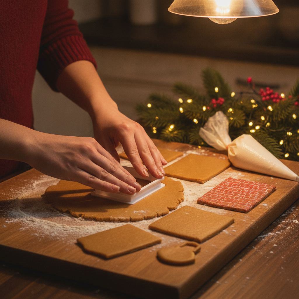 Manos usando cortador casa jengibre sobre masa galleta navideña cocina chilena