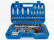 Set herramientas 94 piezas dados chicharra maletín azul vista frontal abierto
